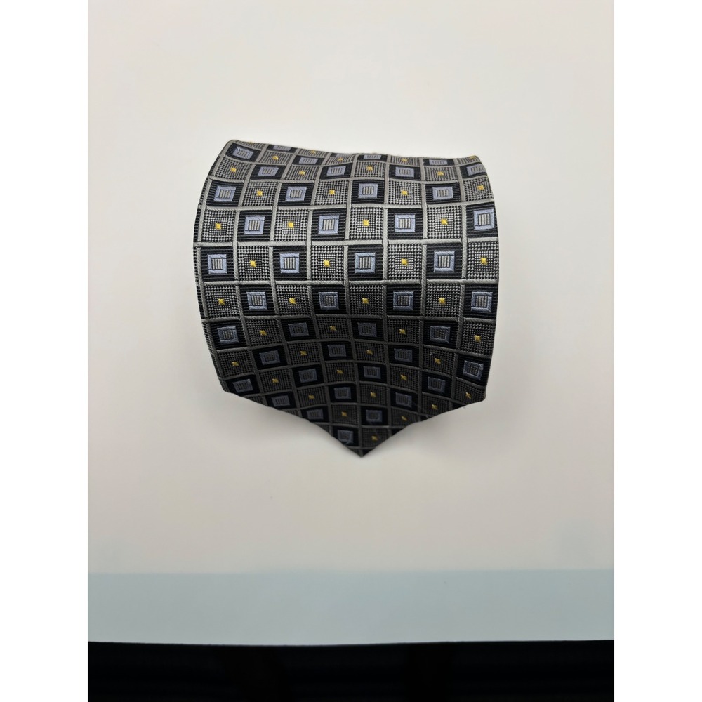 Siena Collezione Mens Silk Necktie Grey Blue Geometric Square Pattern Hand Made